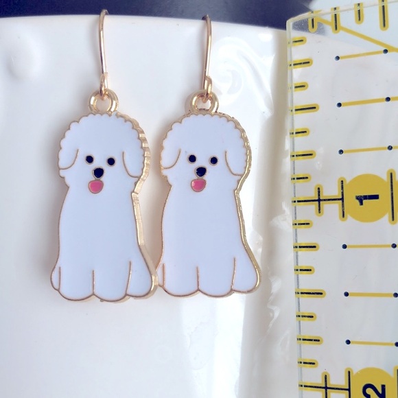 New Fluffy Puppy Dog Dangling Enamel Handmade Earrings White Poodle Terrier Gift - Picture 5 of 5
